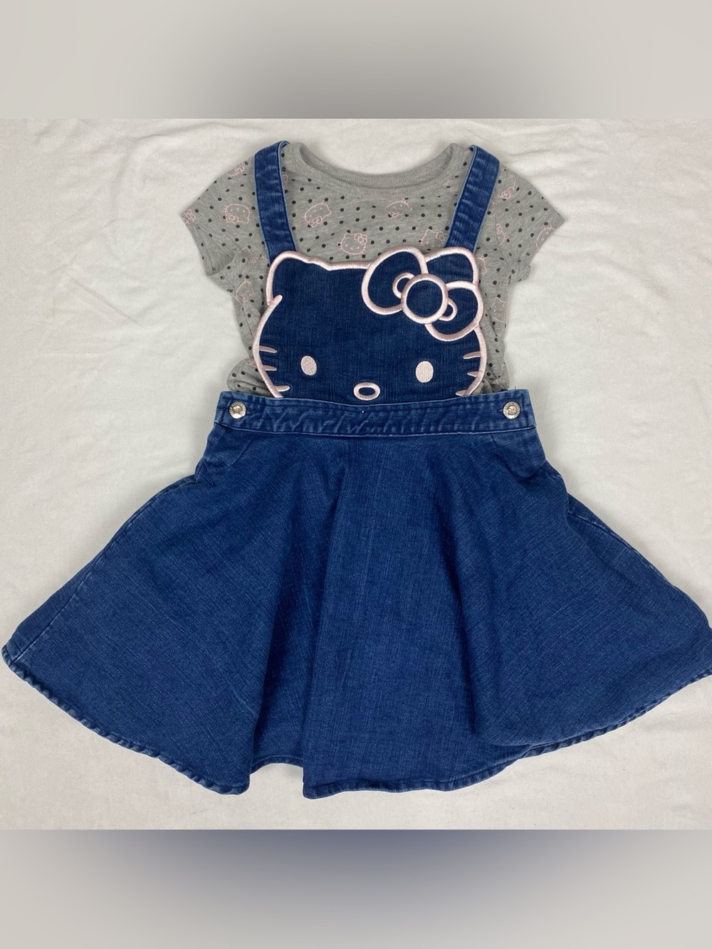 Hello Kitty Blue Denim Suspender Skirt with Gray Tee